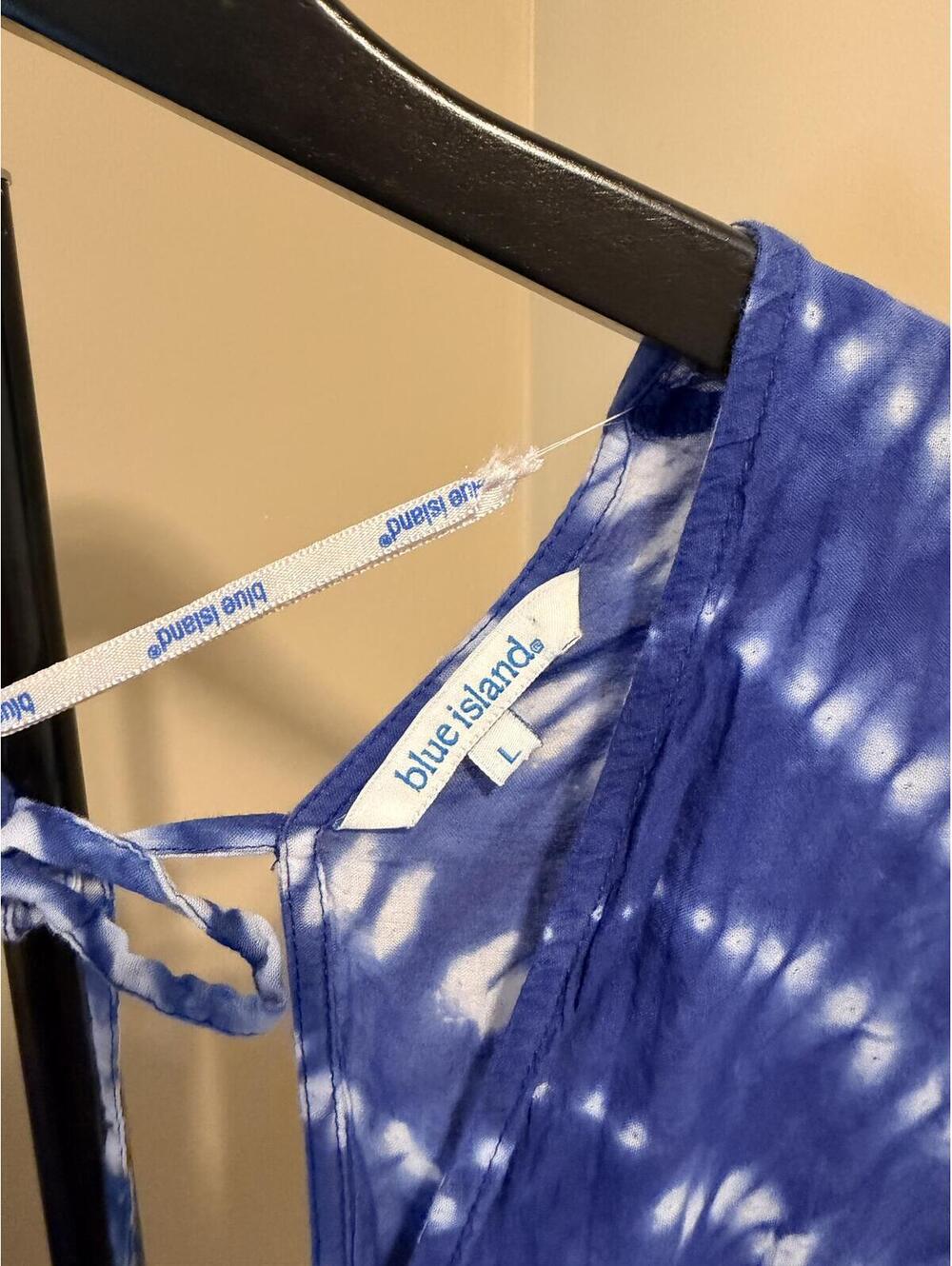 Blue Island Tie Dye Boho Babydoll Tunic Dress Blue White Size L - Picture 3 of 4